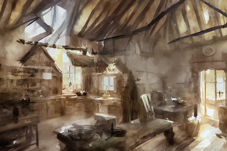 Prompt: paint brush strokes, abstract watercolor painting of rustic village fortress kitchen, interior closeup, medieval straw roof, scandinavian viking age, fog, ambient lighting, art by hans dahl, by jesper ejsing, art by anders zorn, wonderful masterpiece by greg rutkowski, cinematic light, american romanticism by greg manchess, creation by tyler edlin