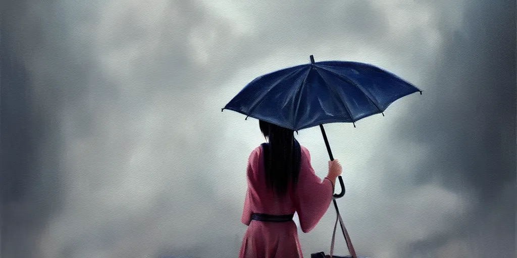 Image similar to painting of japanese girl holding an umbrella in the rain; trending on Artstation, 8k, detailed, atmospheric, immaculate