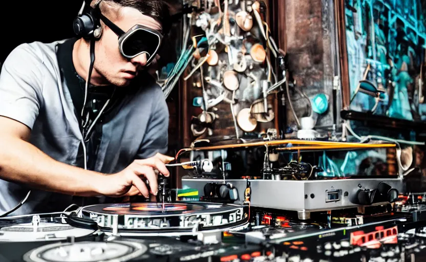 Prompt: a person wearing goggles and visor and headphones using a steampunk record player contraption, wires and tubes, turntablism dj scratching, intricate planetary gears, complex, cinematix, imax, sharp focus