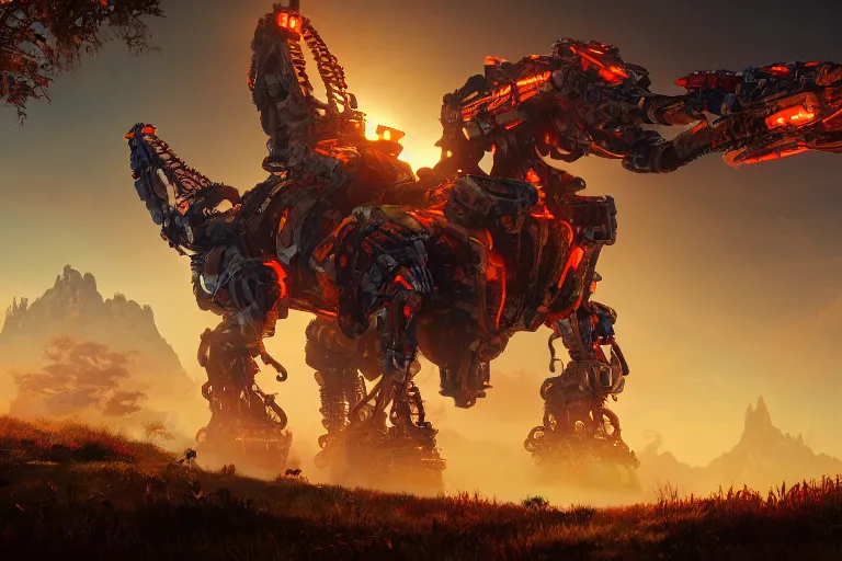 Image similar to fireclaw machine mecanical creature robot of horizon forbidden west horizon zero dawn bioluminiscence global illumination ray tracing hdr fanart arstation by ian pesty and alena aenami artworks in 4 k