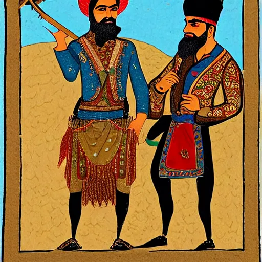 Prompt: persian folkore illustration of a bearded cowboy standing next to persianate emir