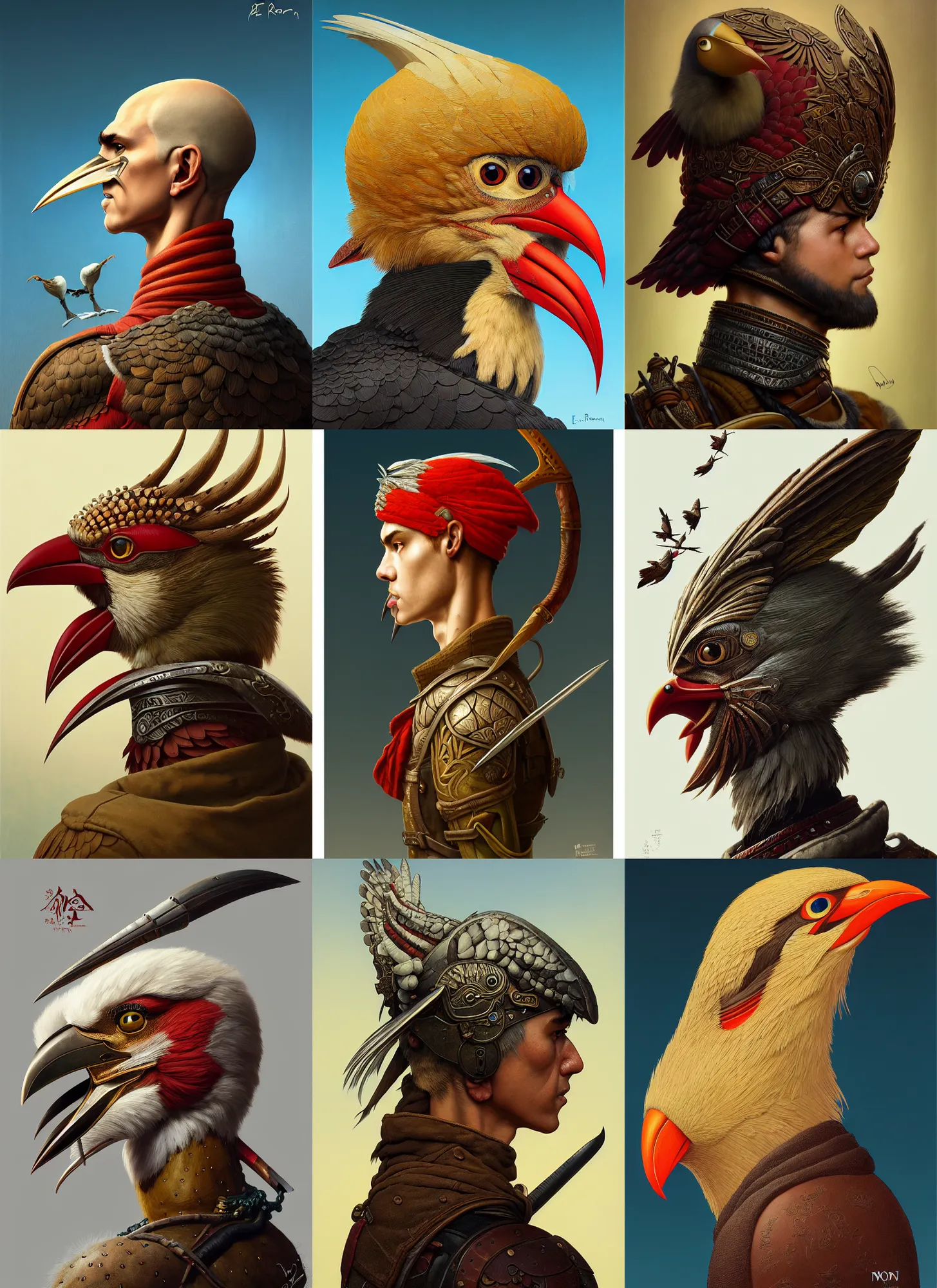 Prompt: rpg! profile! portrait of warrior bird head on white background, beak, anime, intricate, highly detailed, digital painting, artstation, concept art, smooth, sharp focus, illustration, art by norman rockwell emiliano ponzi andrey remnev yoann lossel john currin aaron jasinski ivan albright hsiao - ron cheng, 8 k