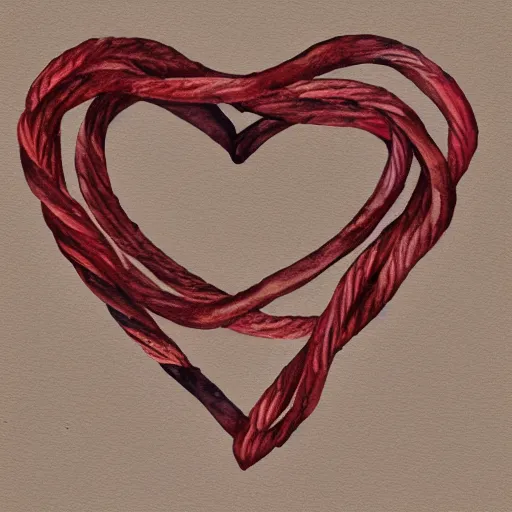 Prompt: watercolor art of a brown rope tied in the shape of a heart laying on a white background