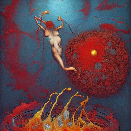 Image similar to a sphere being devoured by abstract splatters of paint in the style of francis bacon, venus being engulfed in flames in the style of james jean, surreal, beksinski, high detailed