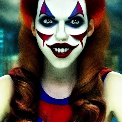 Prompt: still of Anna Kendrick as Evil Clown in IT remake 2029