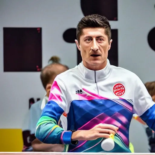 Image similar to Robert Lewandowski playing table tennis on a tournament, high quality news photography