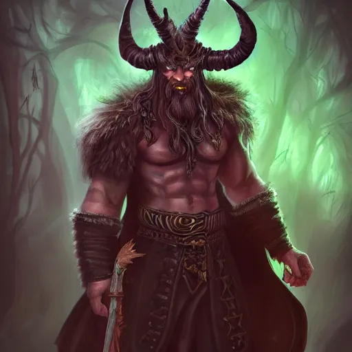 Prompt: a digital painting of a man with horns and green eyes, grim dark satyr wizard from d & d, a character portrait by zoe mozert, deviantart contest winner, fantasy art, detailed painting, d & d, young bard with music magic character design from witcher, 4 k, ultra detail, volumetric lighting, unreal engine, octane render
