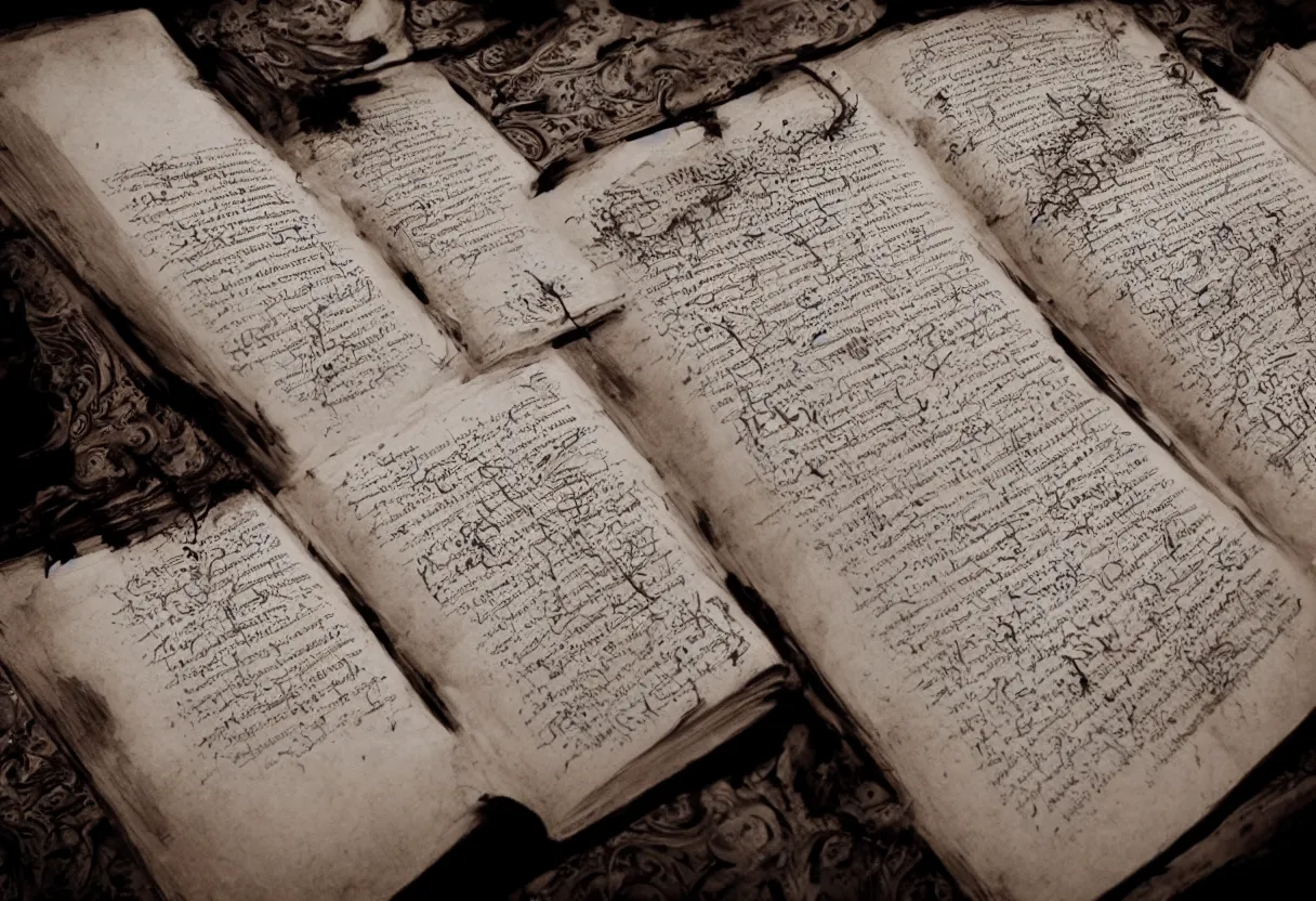 Prompt: dark incantations and mystical manuscripts on pages from necronomicon book drawn and written in blood, hyperrealism, realistic, dramatic lighting, octane render, highly detailed, cinematic lighting, cinematic