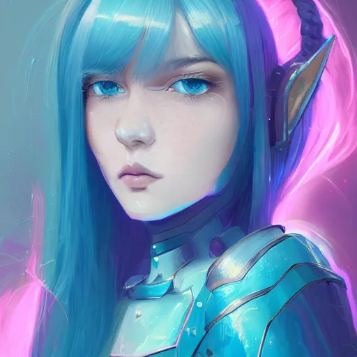 Image similar to art championship winner trending on artstation portrait of a goddess elven mecha warrior princess, head and shoulders, blue hair, matte print, pastel pink neon, cinematic highlights, lighting, digital art, cute freckles, digital painting, fan art, elegant, pixiv, by Ilya Kuvshinov, daily deviation, IAMAG, illustration collection aaaa updated watched premiere edition commission ✨✨✨ whilst watching fabulous artwork \ exactly your latest completed artwork discusses upon featured announces recommend achievement