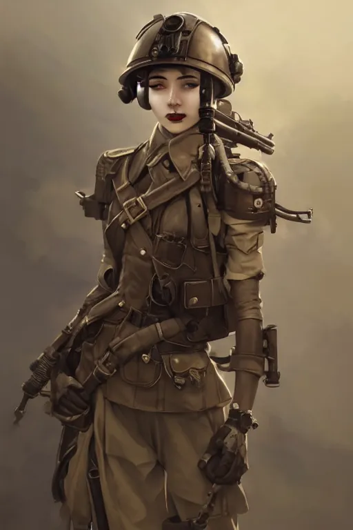 Image similar to dieselpunk soldier girl, helmet, shoulders, chest, portrait, armored, highly detailed, sharp focus, art, illustrations by wlop and ayanamikodon and irakli nadar and loish and rossdraws