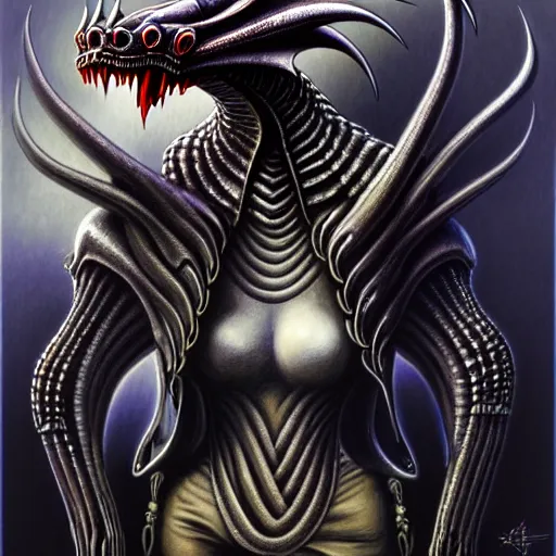 Image similar to Giger portrait of queen dragon, Dragon in dragon lair, HD, full body dragon concept, flying dragon, soft shading, hyperdetailed, wide angle lens, fantasy, futuristic horror, style of giger