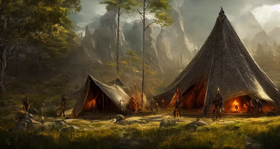 Image similar to an epic fantasy adventurer's camp with a hide tent 4 k, extremely detailed. award winning, trending on artstation, 8 k, ultra wide angle