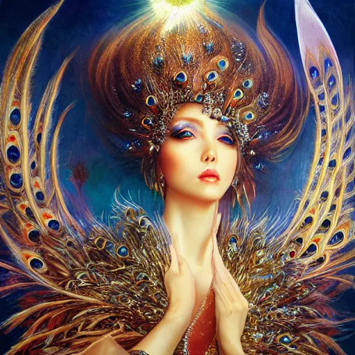 Prompt: beautiful angel with peacock feather ,golden armor, shining light, gems, god rays by Karol Bak, Ayami Kojima, Amano