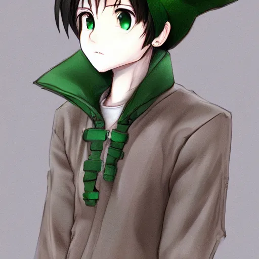 Image similar to cute white anime catboy wearing green jacket anthropomorphic, anime, digital painting