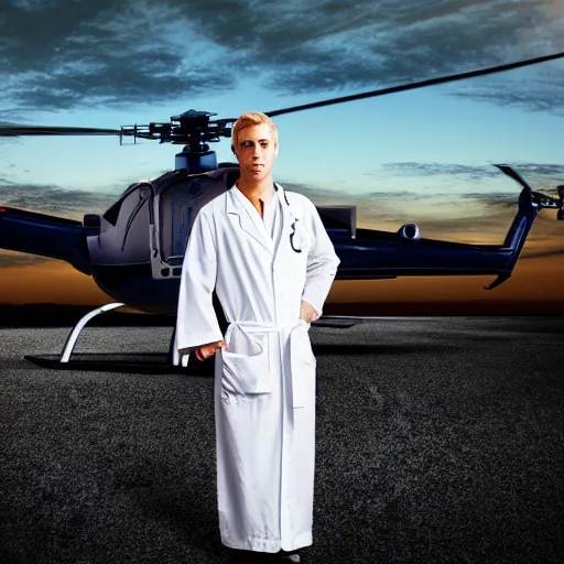 Prompt: blond male doctor in white robe in front of helicopter, epic lighting, drawing