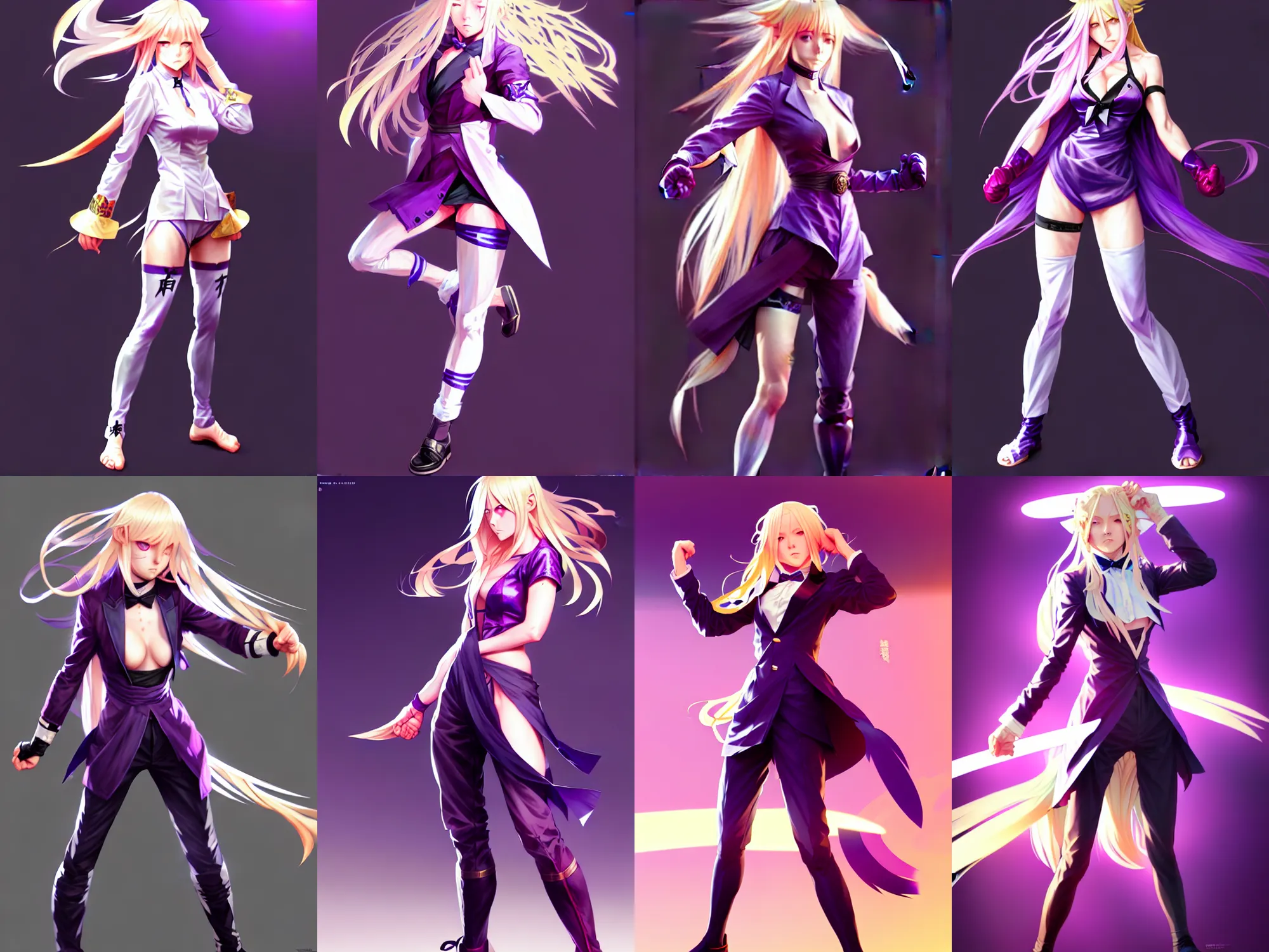 Prompt: fighter anime girl with purple eyes, long blonde hair wearing a tuxedo in a fighting stance, digital painting, artstation, concept art, soft light, hdri, smooth, sharp focus, illustration, art by tian zi and craig mullins and WLOP and alphonse mucha, visual novel sprite