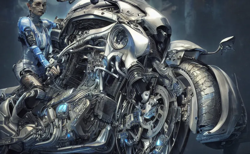 Image similar to Cyberpunk yamaha motorcycle, hyperrealistic mixed media, stunning 3d render inspired art by P. Craig Russell and Barry Windsor-Smith + perfect facial symmetry + dim volumetric lighting, 8k octane beautifully detailed render, post-processing, extremely hyperdetailed, intricate futuristic mechanic parts, epic composition, grim yet sparkling atmosphere, cinematic lighting + masterpiece, trending on artstation