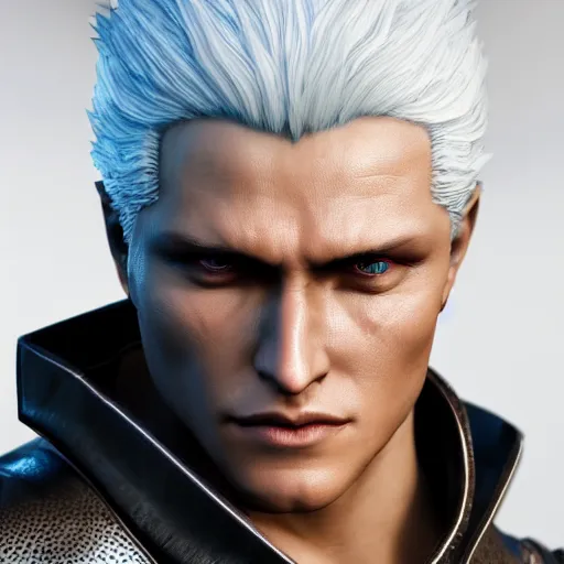 prompthunt: portrait of dante from devil may cry 4, medium length hair,  photorealistic, high quality, unreal engine, highly detailed face, sharp  focus, depth of field, ambient lighting, ray tracing, 4k, hdr, artstation