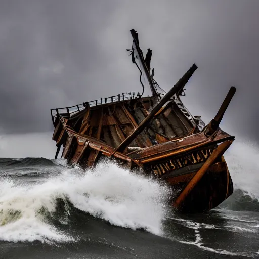 Prompt: Stormy sea, big waves, rain, lightning, gray clouds, old wooden ship, giant tentacles rising from water, Canon EOS R3, f/1.4, ISO 200, 1/160s, 8K, RAW, unedited, symmetrical balance, in-frame.