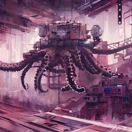 Image similar to octopus on a space station, cyberpunk, realistic, detailed, Industrial Scifi, paint, watercolor, in the style of Ashley Wood and Wadim Kashin