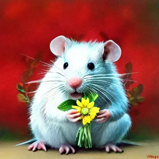 Prompt: photo realistic white rat holding a flower cinematic composition, hyper realism, cute