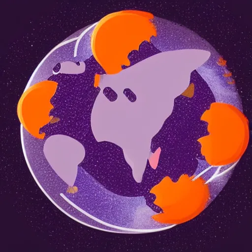 Image similar to cartoon animated illustration of a bear mascot being launched from a futuristic marble planet, purple and orange cloudland