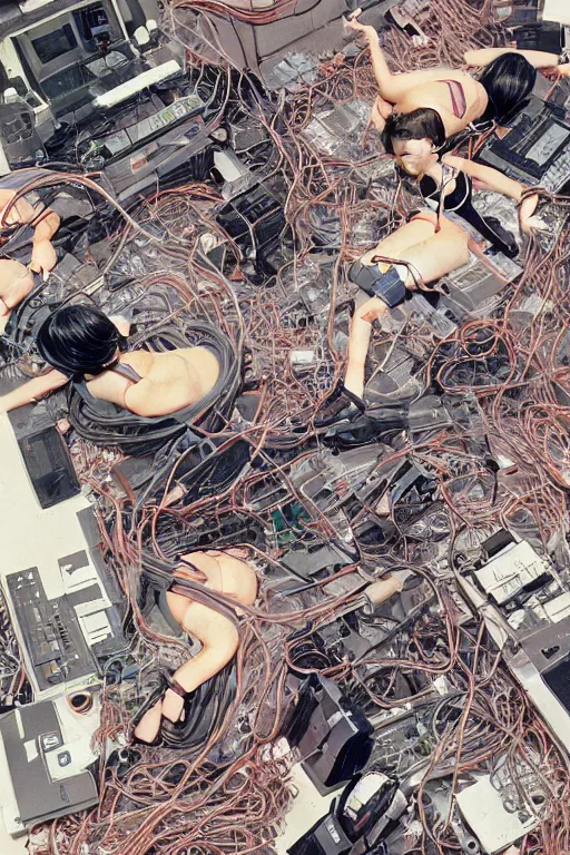 Image similar to a hyper-detailed magazine cover illustration of a group of four female androids' body pieces with cables and wires coming out, lying scattered over an empty floor, by masamune shirow and katsuhiro otomo, view from above, japan 1980s