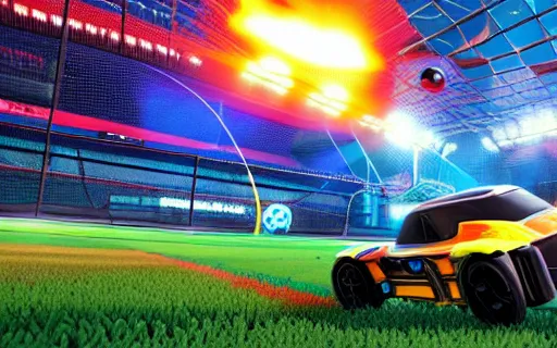 Prompt: rocket league goal, car soccer, ball exploding, dramatic lighting, moody lighting, muted color, 4 k, hq, octane render, dynamic angle, marketing, promotional.