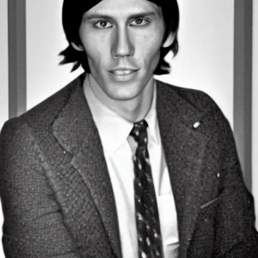 Image similar to A photograph portrait of Jerma985 with short-medium length hair a combover wearing early 1970s menswear in the early 1970s, taken in the early 1970s, grainy, taken on a 1970s Kodak Camera, realistic, hyperrealistic, very realistic, highly detailed, very detailed, extremely detailed, detailed, digital art, trending on artstation, colorized photo