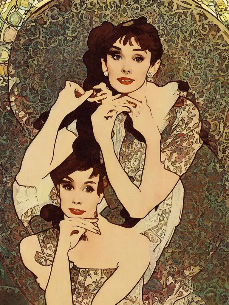 Image similar to three quarter shot audrey hepburn in breakfast at tiffany's by alphonse mucha, art nouveau