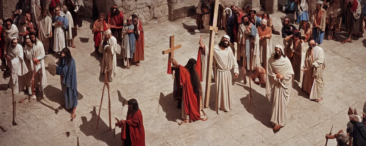 Image similar to jesus being led to the cross made of spaghetti, ancient rome, architectural, minimal, canon 5 0 mm, wes anderson film, kodachrome, retro