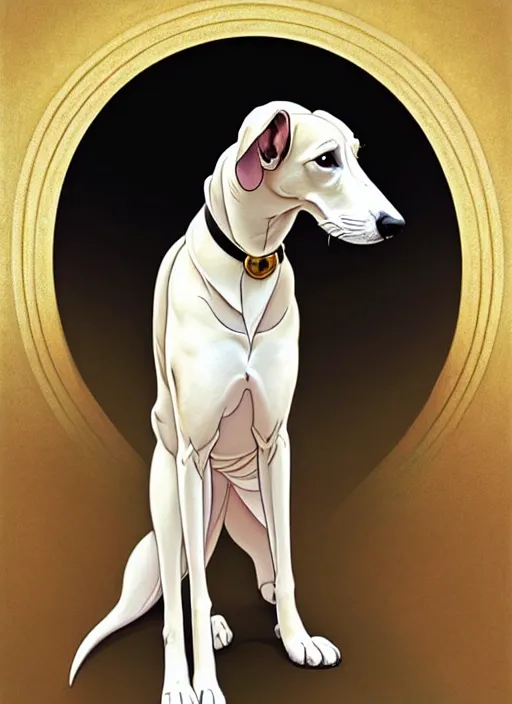 Prompt: cute white brown greyhound wearing golden cape, natural lighting, path traced, highly detailed, high quality, digital painting, by don bluth and ross tran and studio ghibli and alphonse mucha, artgerm