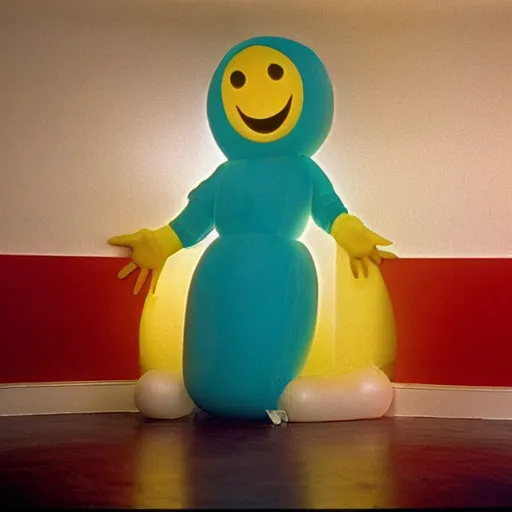 Image similar to still from a 1994 arthouse film about a depressed woman dressed as an inflatable smiley who meets a handsome younger man in a seedy motel room, color film, 16mm soft light, weird art on the wall