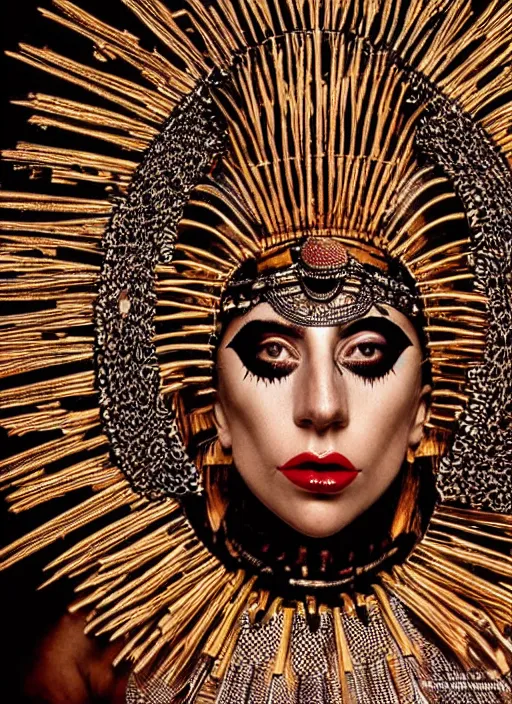 Image similar to lady gaga as a tribal woman, intricate, cinematic lighting, highly detailed, canon 3 5 mm photography, horizontal symmetry, smooth, sharp focus