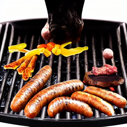 Prompt: a charcoal grill with sausages in the style of surrealist painter Salvador dali