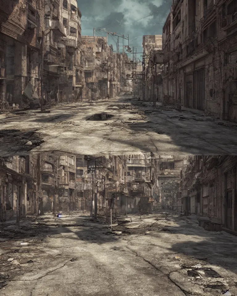 Image similar to abandoned streets of post-apocalyptic Barcelona, ghost town, octane, 3d render, extremely detailed