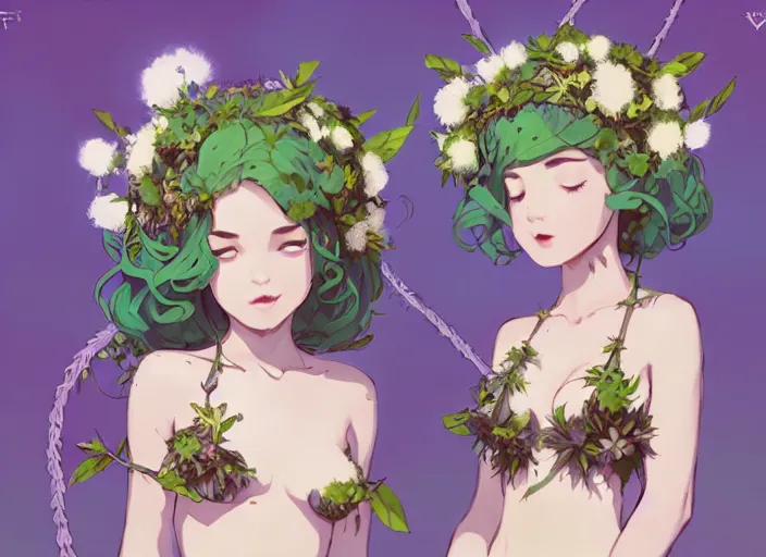 Image similar to two cute fairy girls with crown of flowers in plants bikini covered with celtic rune tattoos, fantasy, by atey ghailan, by greg rutkowski, by greg tocchini, by james gilleard, by joe gb fenton, by in kaethe butcher, dynamic lighting, gradient light green, brown, blonde cream and white color in scheme, grunge aesthetic
