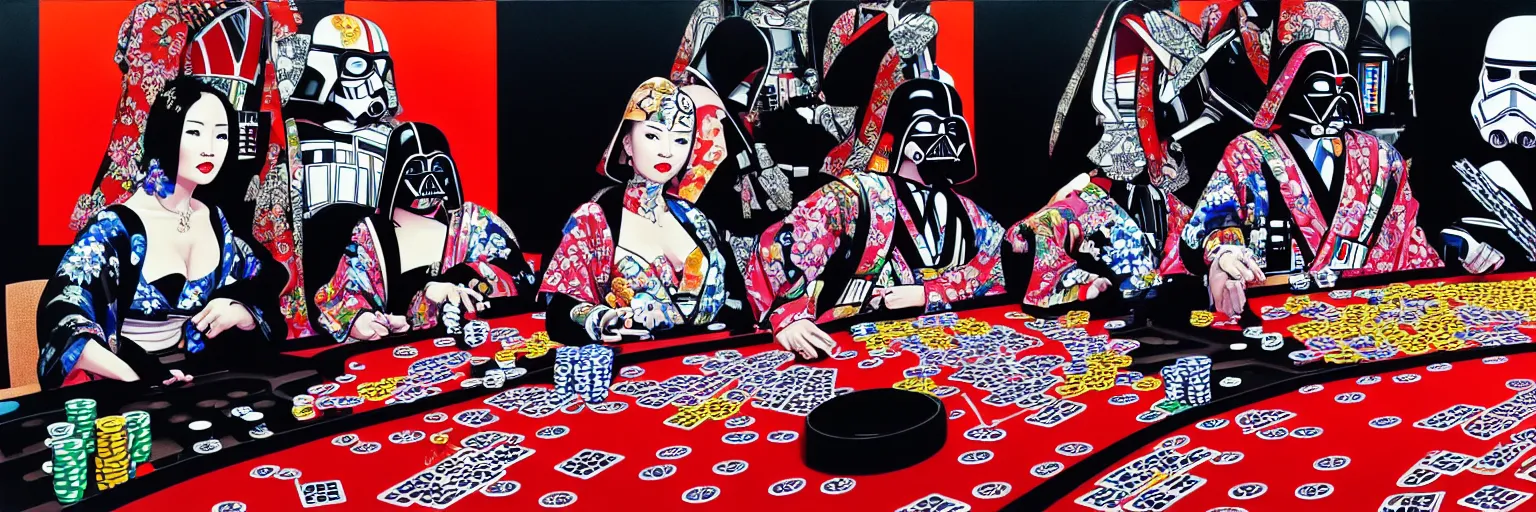 Image similar to hyperrealism composition of the detailed woman in a japanese kimono sitting at an extremely detailed poker table with darth vader and stormtrooper, ( ( r 2 d 2 ) ), ( ( c 3 po ) ), fireworks on the background, pop - art style, jacky tsai style, andy warhol style, acrylic on canvas