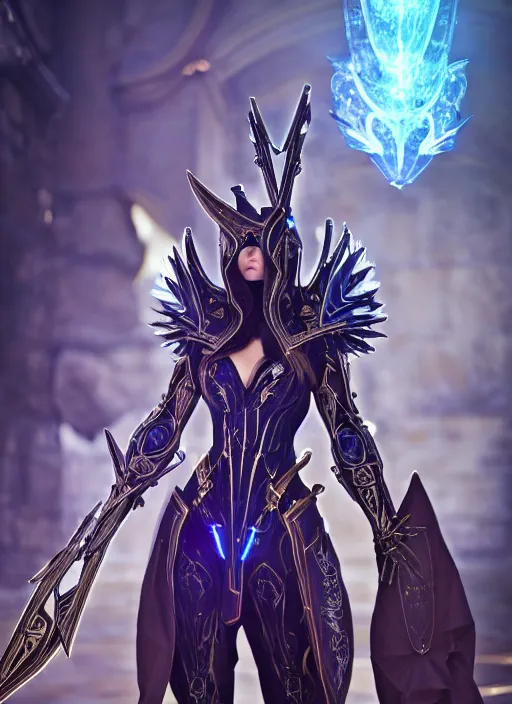 Image similar to photo of a sorceress near mage tower, warframe armor!!, cyborg, magical dress, fantasy, hood, pretty face, interesting angle, sharp focus, 8 k high definition, insanely detailed, intricate, intelligent, art by kazuya takahashi, fenghua zhong, sangsoo jeong, kevin hou