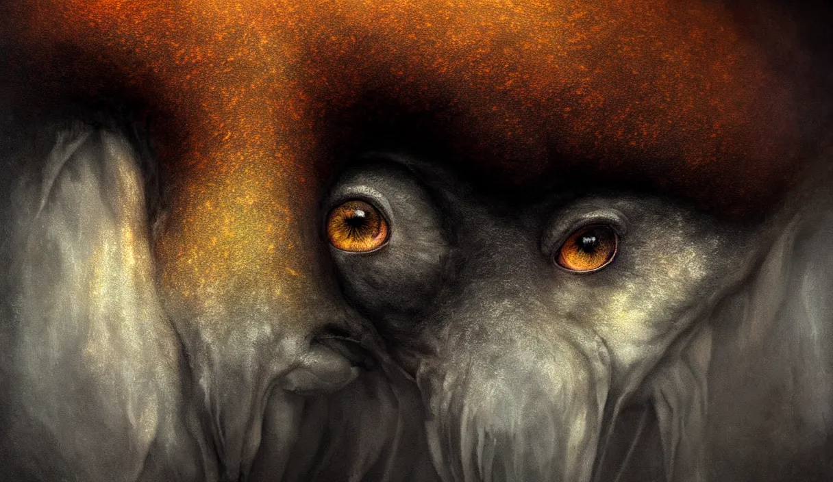 Prompt: epic professional digital art of hungry eyes, ambient amber light, painted, mysterious, closeup cinematic mountain animal scene, eerie, mythic, detailed, intricate, grand, leesha hannigan, wayne haag, reyna rochin, ignacio fernandez rios, mark ryden, van herpen, artstation, cgsociety, epic, stunning, gorgeous, wow wow detail