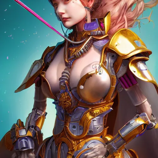 Image similar to studio portrait of lawful good colorful female holy mecha paladin absurdly beautiful, elegant, young sensual graceful woman, ultrafine hyperrealistic detailed face illustration by kim jung gi, irakli nadar, intricate linework, sharp focus, bright colors, matte, octopath traveler, final fantasy, unreal engine highly rendered, global illumination, radiant light, intricate environment