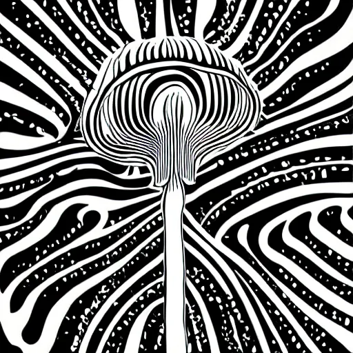 Prompt: psychedelic mushroom with long wavy stem, black and white illustration, creative design