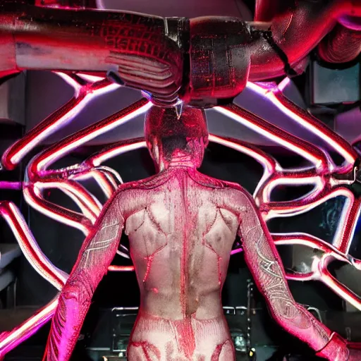 Image similar to love, diverse meat cybersuits, from behind, connection rituals, wide wide angle, vivid, elaborate, highly detailed, beautiful lighting