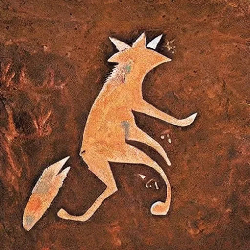 Image similar to neolithic cave painting of a half-fox warrior. strong and powerful anthropomorphic fox. gorgeous eyes. Bipedal foxman holding spear. Heiroglyphic art. carvings, cave scratches in cave wall. art by homo erectus. earthen colors