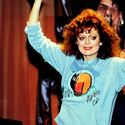 Image similar to 1 9 9 0 s video still of susan sarandon, wearing a hip hop hoodie, rapping on stage at a small outdoor concert, vhs artifacts