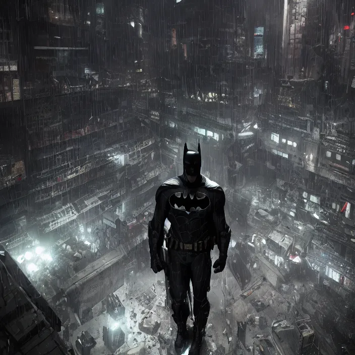 Image similar to dark batman, in drak style cyberpunk city, by neill blomkamp director film, extreamly detailed, photorealism, photography, raytracing, 8 k, octane render, hyperrealism, perfect composition, art top in artstation, by chris labrooy, rendered in rtx, ssao, fxaa, unreal engine