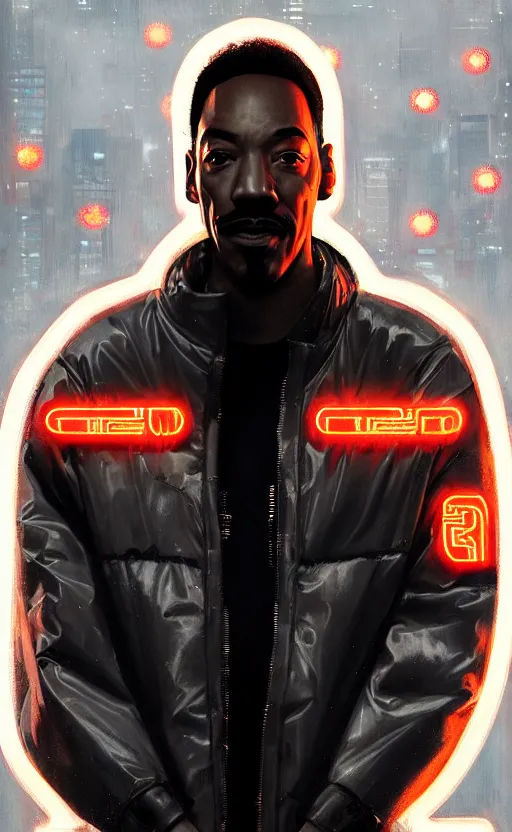 Image similar to detailed portrait Eddie Murphy Neon Operator, cyberpunk futuristic neon, reflective puffy coat, decorated with traditional Japanese ornaments by Ismail inceoglu dragan bibin hans thoma greg rutkowski Alexandros Pyromallis Nekro Rene Maritte Illustrated, Perfect face, fine details, realistic shaded, fine-face, pretty face