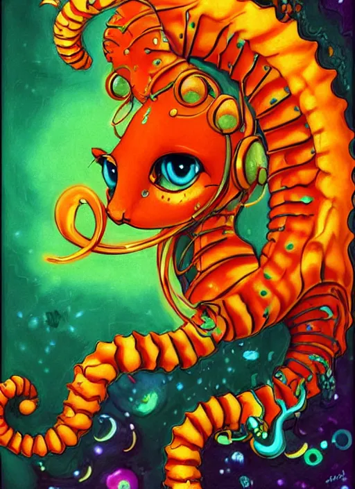 Prompt: cat seahorse fursona wearing headphones, autistic bisexual graphic designer, long haired attractive androgynous humanoid, coherent detailed character design, weirdcore voidpunk digital art by leonetto cappiello, delphin enjolras, furaffinity, cgsociety, trending on deviantart