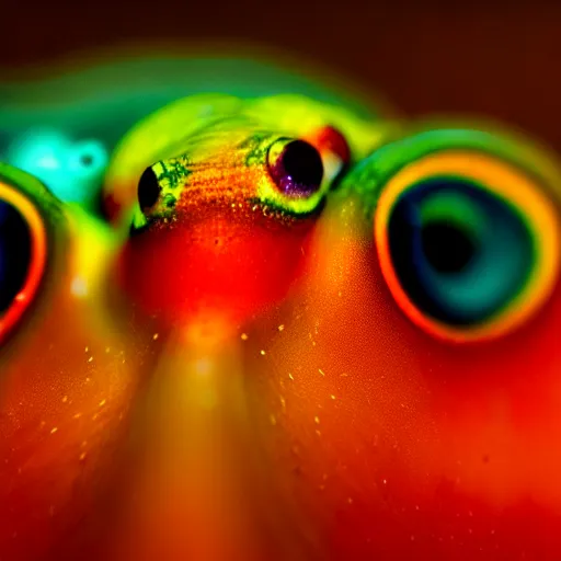 Image similar to fiery whimsical emotional eyes cephalopod, in a photorealistic macro photograph with shallow dof