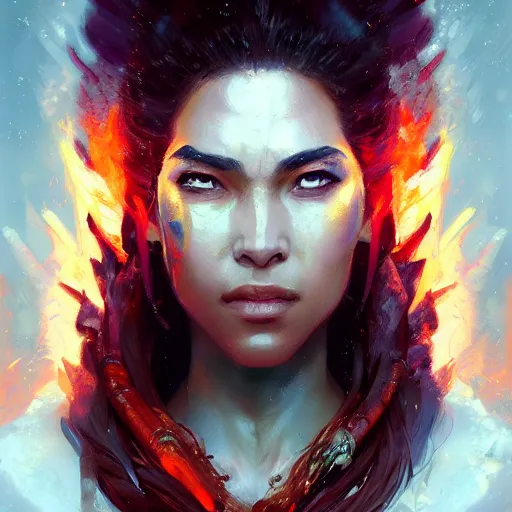 Image similar to a beautiful portrait of a fire goddess by greg rutkowski and raymond swanland, trending on artstation, flaming background, ultra realistic digital art